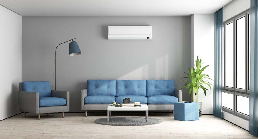 Cozy living room with a ductless air conditioner in Aberdeen, NC.