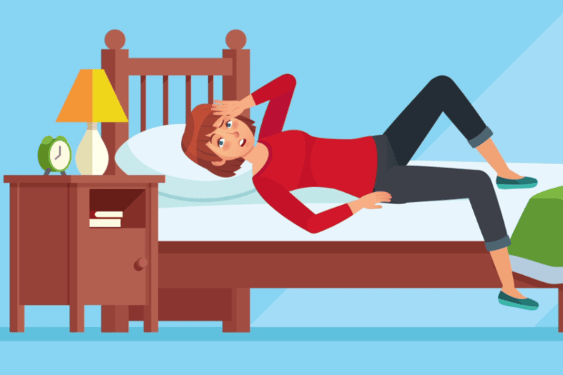 Video - How Can I Make My Home More Comfortable? Cartoon drawing of woman in red shirt and pants laying on a bed with her hand on her head.