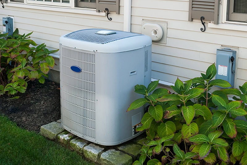 Spring AC Maintenance Tips. Photo of an AC Unit installed outside of a home.